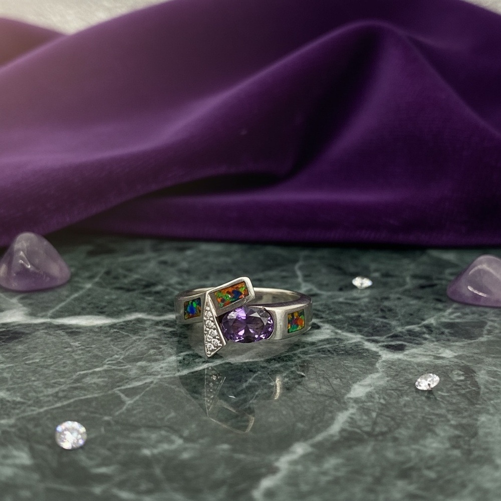 Rare Amethyst Ring with multi color inlay and cz sterling silver - Picture 2 of 6